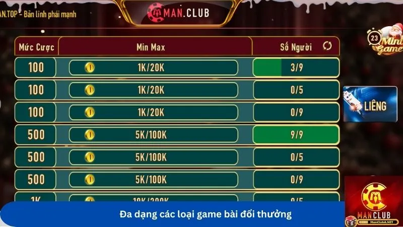 Đa dạng các loại game bài đổi thưởng