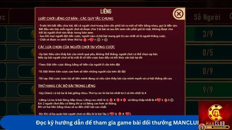 Đọc kỹ hướng dẫn để tham gia game bài đổi thưởng MANCLUB