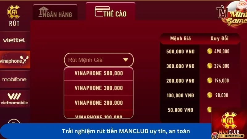 Trải nghiệm rút tiền MANCLUB uy tín, an toàn